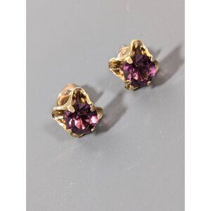 Vintage Purple Rhinestone Faux Amethyst Gold Tone Earrings Birhtstone